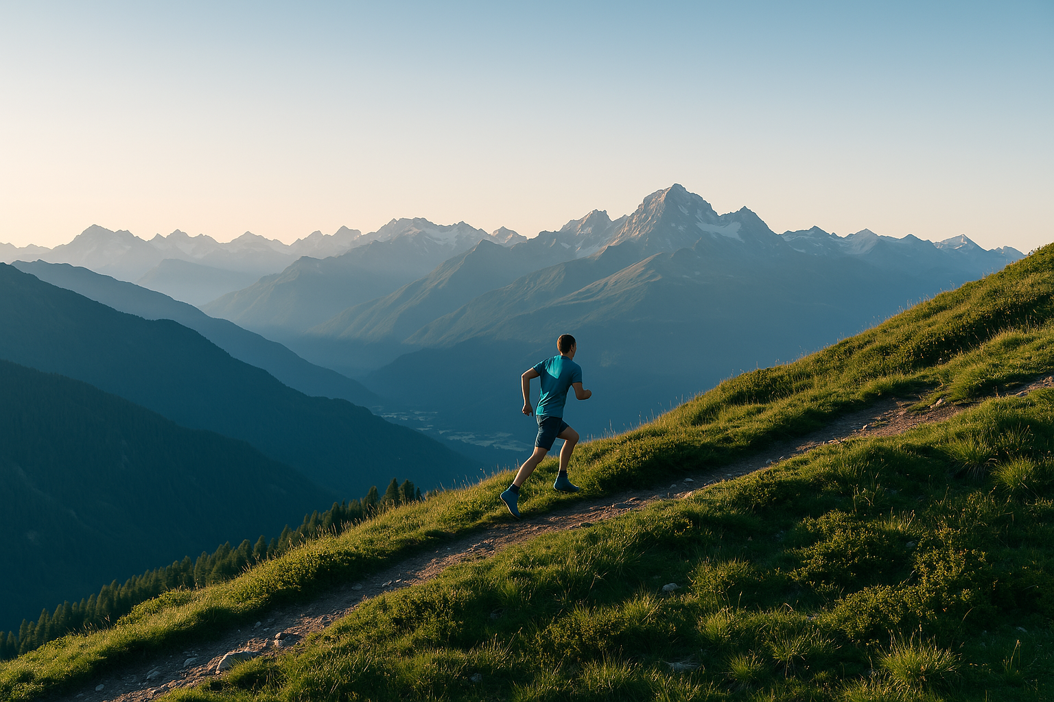 Trail runner on mountain path with scenic mountain view